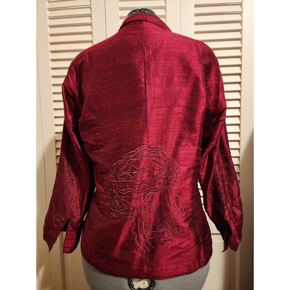 Anu 100% Pure Silk Embossed Jacket Burgundy Blazer Women's Size L - Picture 8 of 10